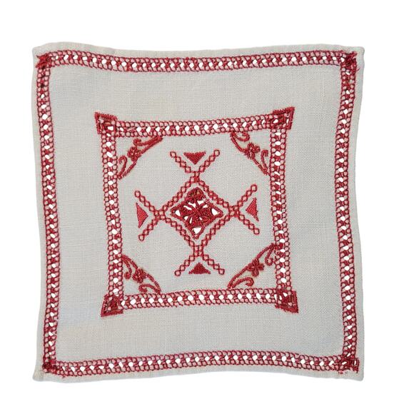 Vintage Red Embroidered Linen Table Runner, Placemats, Napkins & Coasters Set - Picture 14 of 16